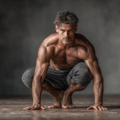 Чоловік середнього віку демонструє результати тренувань MenStrong